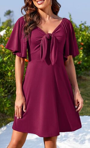 Actcat Women's Dress Deep V-Neck Elegant Bow tie Short Sleeve Mini Swing Loose Dresses in Kuwait