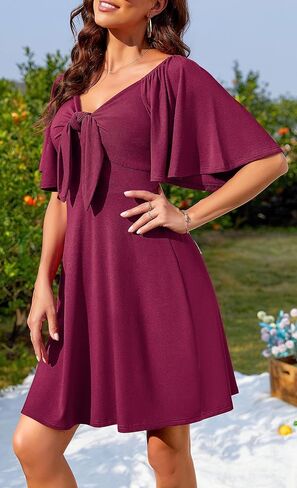 Actcat Women's Dress Deep V-Neck Elegant Bow tie Short Sleeve Mini Swing Loose Dresses in Kuwait