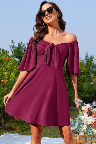 Actcat Women's Dress Deep V-Neck Elegant Bow tie Short Sleeve Mini Swing Loose Dresses in Kuwait