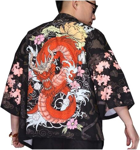 جاكيت كيمونو رجالي من LifeHe سترة يابانية خفيفة الوزن كاجوال بسبعة أكمام مفتوحة من الأمام in Kuwait