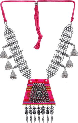 الهندي الأفغاني اليدوية النسيج الفضة المؤكسد شرابة بوهو مطرز المطرزة البوهيمي موضوع المختنق قلادة مجوهرات الوردي in Kuwait