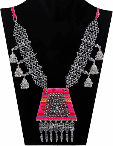 الهندي الأفغاني اليدوية النسيج الفضة المؤكسد شرابة بوهو مطرز المطرزة البوهيمي موضوع المختنق قلادة مجوهرات الوردي in Kuwait