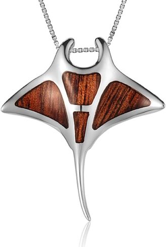 قلادة قلادة من الفضة الاسترليني الاستوائية من خشب كوا وخشب مانتا راي بالولايات المتحدة الأمريكية مع سلسلة صندوقية مقاس 18 بوصة in Kuwait