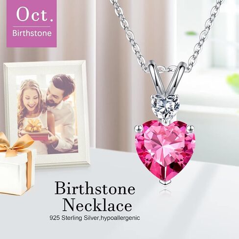 925 Sterling Silver Birthstone Necklace, 1.2 Ct Genuine or Created Heart Birthstone Necklace Anniversary Valentines Day Gifts for Her Mothers Day Christmas Birthday Gifts for Women Girls Jewelry Gifts in Saudi Arabia