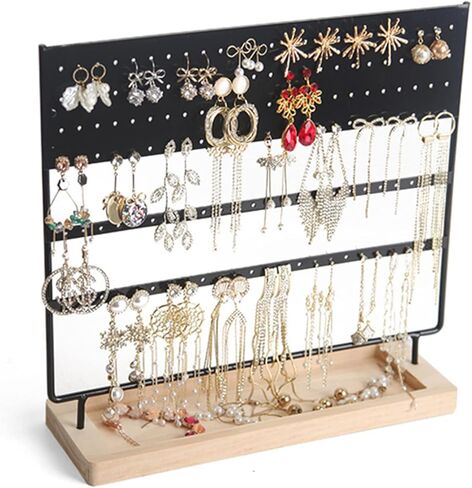 3-Tier 144 Holes Earrings Organizer Jewelry Display Holder for Earrings Necklaces Bracelets and Rings, with Slotted Wood Base Stand Display Rack for Women Girls Gift. (Black) in Kuwait