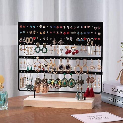 3-Tier 144 Holes Earrings Organizer Jewelry Display Holder for Earrings Necklaces Bracelets and Rings, with Slotted Wood Base Stand Display Rack for Women Girls Gift. (Black) in Kuwait