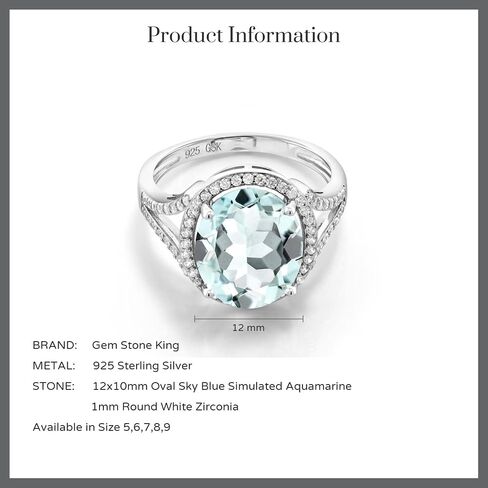 Gem Stone King 925 Sterling Silver Sky Blue Simulated Aquamarine Engagement Ring For Women (4.82 Cttw, Oval 12X10MM, Available 5,6,7,8,9) in Saudi Arabia