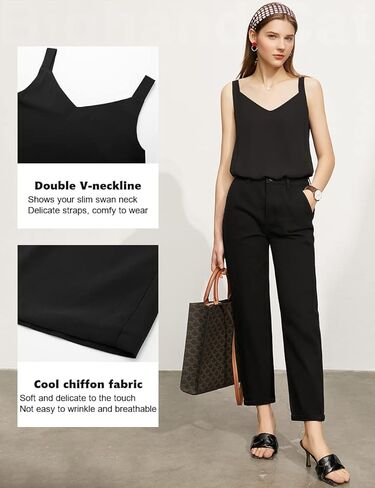 قميص IIG نسائي من الشيفون ذو طبقات مزدوجة ريترو مثير ورقبة على شكل حرف V بدون أكمام وقميص فضفاض in Kuwait