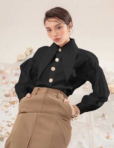 بلوزة من الكتان ذات ياقة مدببة كبيرة من wearVAST، قميص نسائي من قطن البوبلين بأكمام طويلة in Kuwait