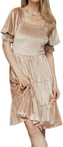 R.Vivimos Womens Fall Winter Velvet Casual Dress Puff Sleeve Square Neck Elastic Smocked A-Line Swing Flowy Knee Length Dress in Saudi Arabia