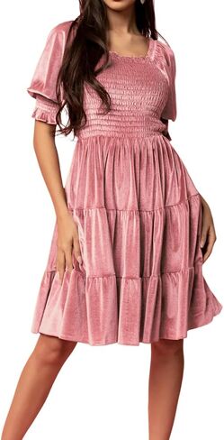 R.Vivimos Womens Fall Winter Velvet Casual Dress Puff Sleeve Square Neck Elastic Smocked A-Line Swing Flowy Knee Length Dress in Saudi Arabia