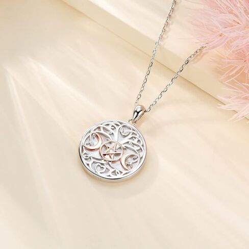 قلادة آلهة القمر الثلاثي من الفضة الإسترليني عيار 925 مع شجرة الحياة الخماسية الويكاانية وقلادة حماية تميمة مجوهرات للنساء (ذهبي وردي) in Kuwait