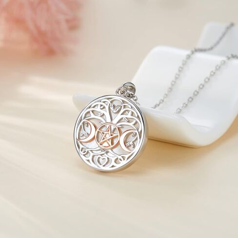 قلادة آلهة القمر الثلاثي من الفضة الإسترليني عيار 925 مع شجرة الحياة الخماسية الويكاانية وقلادة حماية تميمة مجوهرات للنساء (ذهبي وردي) in Kuwait