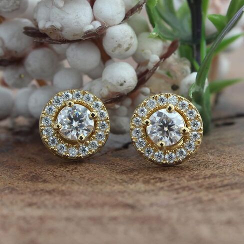 1.00 Carat Round Cut Lab Created Moissanite Halo Stud Earrings In 14k Gold Plated Over 925 Sterling Silver Jewelry For Women (G-H Color, 1.00 Cttw) in Saudi Arabia