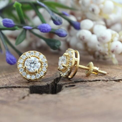 1.00 Carat Round Cut Lab Created Moissanite Halo Stud Earrings In 14k Gold Plated Over 925 Sterling Silver Jewelry For Women (G-H Color, 1.00 Cttw) in Saudi Arabia