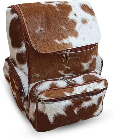 Real Cowhide Backpack Bag Cowhide Diaper Bag Travel Daypack Bag Hold all Backpack Multi Pockets | Brown and White Backpack Bag in Saudi Arabia