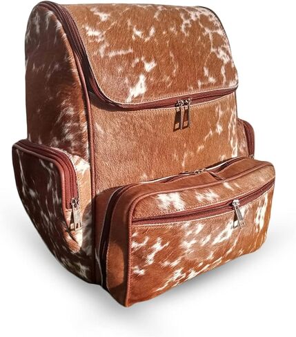 Real Cowhide Backpack Bag Cowhide Diaper Bag Travel Daypack Bag Hold all Backpack Multi Pockets | Brown and White Backpack Bag in Saudi Arabia