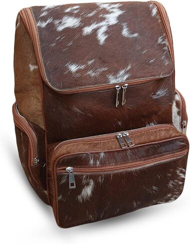 Real Cowhide Backpack Bag Cowhide Diaper Bag Travel Daypack Bag Hold all Backpack Multi Pockets | Brown and White Backpack Bag in Saudi Arabia