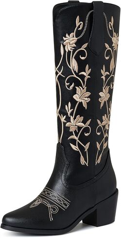 Mikarka أحذية رعاة البقر للنساء الأزهار التطريز راعية البقر منتصف العجل الأحذية الغربية سحب على أشار تو كعب مكتنزة الركبة عالية أحذية روديو in Kuwait