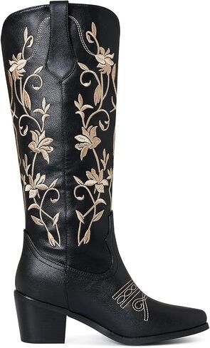 Mikarka أحذية رعاة البقر للنساء الأزهار التطريز راعية البقر منتصف العجل الأحذية الغربية سحب على أشار تو كعب مكتنزة الركبة عالية أحذية روديو in Kuwait