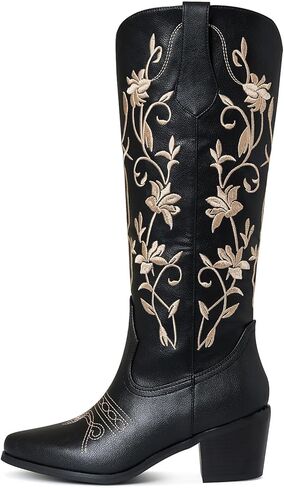 Mikarka أحذية رعاة البقر للنساء الأزهار التطريز راعية البقر منتصف العجل الأحذية الغربية سحب على أشار تو كعب مكتنزة الركبة عالية أحذية روديو in Kuwait