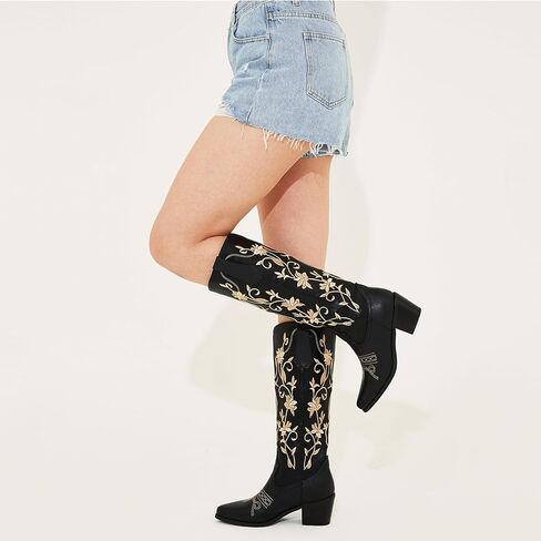 Mikarka أحذية رعاة البقر للنساء الأزهار التطريز راعية البقر منتصف العجل الأحذية الغربية سحب على أشار تو كعب مكتنزة الركبة عالية أحذية روديو in Kuwait