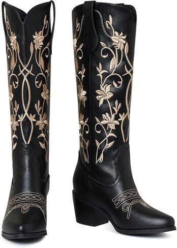 Mikarka أحذية رعاة البقر للنساء الأزهار التطريز راعية البقر منتصف العجل الأحذية الغربية سحب على أشار تو كعب مكتنزة الركبة عالية أحذية روديو in Kuwait