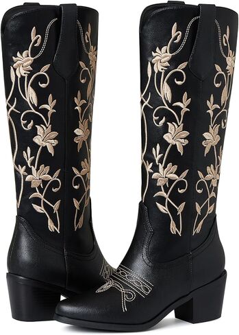 Mikarka أحذية رعاة البقر للنساء الأزهار التطريز راعية البقر منتصف العجل الأحذية الغربية سحب على أشار تو كعب مكتنزة الركبة عالية أحذية روديو in Kuwait