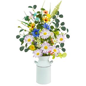 Fake Flowers in Vase, 24.5" Tall Artificial Fake Flowers Arrangement with Metal Pot Silk Faux Hydrangea Flowers Greenery Stems for Table Centerpieces Home Kitchen Spring Decor