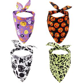 4pcs Halloween Dog Bandannas, Pet Triangle Scarf Pumpkins Skulls Spider Triangle Dog Scarf Washable Breathable Pet Neckerchief for Big Small Medium Large Dog and Cats
