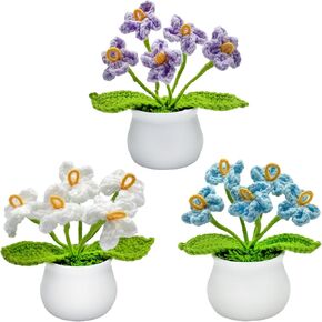 3 PCS Artificial Crochete Flowers Cute Handmade Knitted Potted Plants, Crocheted Flowers Bouquet Finished for Desk Decor Home Decor Car Dashboard Decor, Birthday Gifts (Tulips)