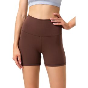 YUNOGA Women's High Waisted Yoga Short 4" Inseam Workout Athletic Biker Shorts (S, Brown Stone)