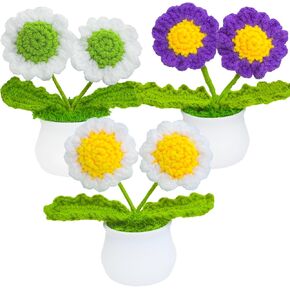 3 PCS Artificial Crochete Flowers Cute Handmade Knitted Potted Plants, Crocheted Flowers Bouquet Finished for Desk Decor Home Decor Car Dashboard Decor, Birthday Gifts (Tulips)