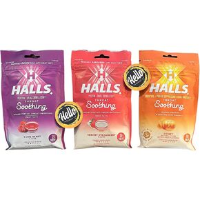 Halls Cough Drops Combo - Throat Soothing Honey & Cool Berry & Creamy Str 3 Pack Assortedawberry - 25 Drops Each Bag (75 Total Drops) Includes Hello Sunshine Fridge Magnet!