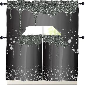 Luxurious Diamond Crystal Kitchen Curtains Swag Valance and Tier Curtains Set 36 Inch Length, Rod Pocket Drape Panels Pair Swag Curtains for Bathroom/Cafe/Window Starry Abstract Geometric Grey
