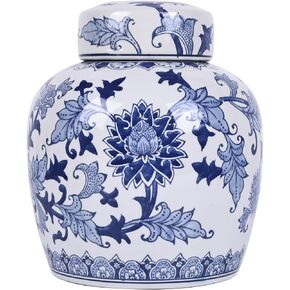 XINGYAN Exquisite Handmade Round Blue and White Porcelain Big Ginger Jar Floral Series With Lid: Luxurious Ming and Qing Dynasty Style,High-End Decor and Storage Use (Auspicious)