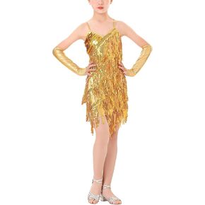 Happy Cherry Girls Latin Dance Dress Fringe Sequins Skirt Costume Sparkling for Kids Halter Sleeveless Tassels Dancewear