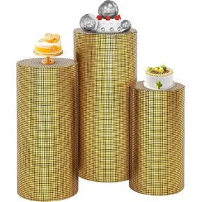 SaitiMade Set of 3 Silver Cylinder Pedestal Stand Covers, 3pcs Spandex Disco Cylinder Stand Covers for Party, Wedding or Birthday Event Decor (Only Contains Cylinder Covers)