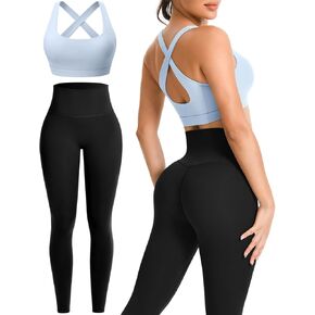 Two Piece Workout Sets for Women Teardrop Sleeveless Sports Bras High Waist Leggings Pilates Gym Yoga Outfits(P080 LBlu/Bla L)