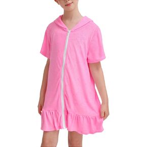 Girls Swim Cover Up MulticolorHooded Zip-Up Terry Swimsuit Ruffle Bathing Suit Kids Short Sleeve Swimwear