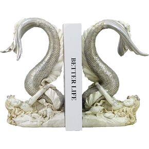 10-inch Resin Mermaid (Set of 2 Pieces) Bookends, Antique Silver Antique Silvery White