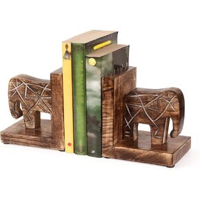 Wooden Elephant Book Ends Hand Carved Decorative Bookend Home Décor Bookends | Desktop Organize Books Wooden Book Ends for Home Kitchen Decorative Office Bookends Shelf Decor Desk Book Holder