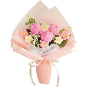 Crochet Tulips Flower Bouquet Artificial Flowers: Completed Crochet Flowers for Mother's Day Birthday Thanksgiving Home Decor (Pink)