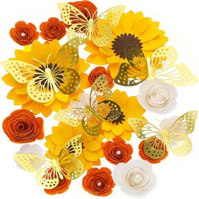 30 Pcs Flower and Butterfly DIY Set DIY Graduation Cap Decorations 18 Pcs Flower Heads 12 Pcs 3D Butterfly Decorations Flat Back Roses Yellow Sunflower Heads 3D Butterfly Stickers for Grad Hats