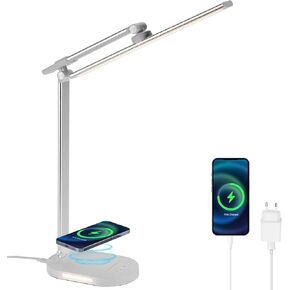 Lightess LED Desk Lamp with Wireless Charger, USB Charging Port, 5 Color Modes, 5 Brightness Level, Dimmable Desk Lamp, Office Table Lamp for Study Reading, Touch Control, Auto Timer