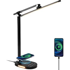 Lightess LED Desk Lamp with Wireless Charger, USB Charging Port, 5 Color Modes, 5 Brightness Level, Dimmable Desk Lamp, Office Table Lamp for Study Reading, Touch Control, Auto Timer