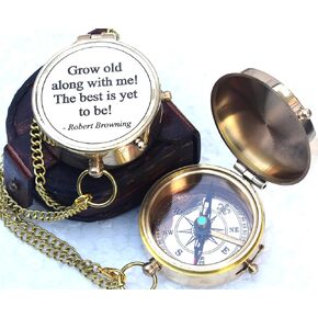 MARY NAUTICAL- Grow Old Along with Me Anniversary Shinny Brass Compass Gift for Him or Her, Romantic Gift Ideas for Husband or Wife, Wedding Anniversary Decorations, Our Wedding for Men