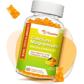 Sugar Free Calcium Gummies, Calcium Magnesium Zinc Supplement with Vitamin D3 K2 for Bone & Teeth Strength, Muscle Function - Vegan, Orange Flavor 120 Cts