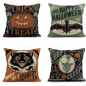 Set of 4 Linen Throw Pillow Covers 18x18 Inch Vintage Halloween Scaredy Cats Pumpkins Skeletons Home Decor Pillowcase Square Cushion Covers for Sofa Bed Couch
