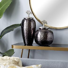 Deco 79 Metal Hammered Decorative Jars with Gingko Leaf Finials, Set of 2 17", 13"H, Bronze